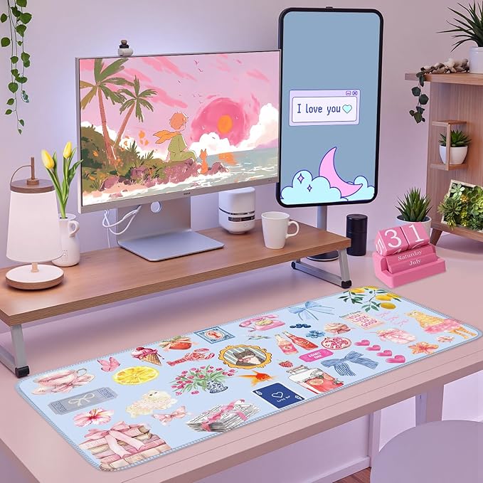 Cute Blue Desk Mat Kawaii Cat Mouse Pad Retro Vintage Large XXL Mousepad Computer Keyboard Laptop Mouse Mat Aesthetic Floral Office Desk Decor for Women Girl