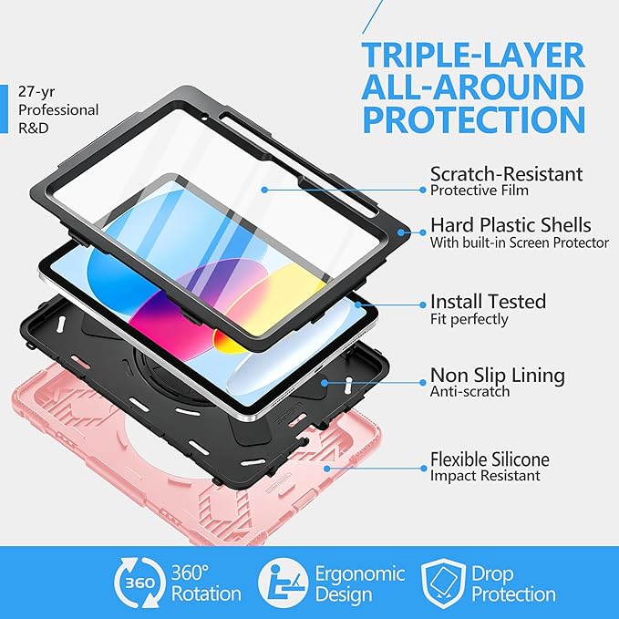 Case for iPad (A16) 11th/10th Generation Case: Protective Cover for iPad 11th Gen 11 Inch 2025 &10th Gen 10.9" 2022 with Screen Protector- Stand- Shoulder Strap- Handle- Pencil Holder-Black+Pink