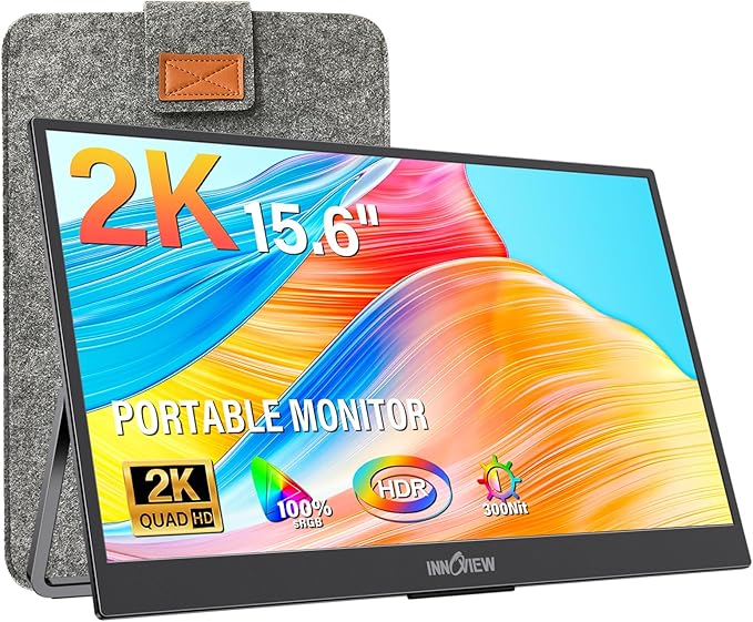 InnoView 2K Portable Monitor 15.6" QHD 100% sRGB, Built-in 180° Adjustable Stand Travel Monitor USB C Standard HDMI Ultra-Slim Portable Monitor for Laptop MacBook Phone PS Xbox Switch