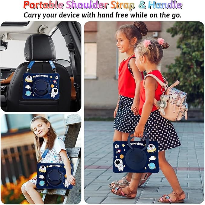 Dteck for iPad 10.9" 10th Generation Case Kids,Cute Cartoon 3D Unique Design Light Rotating Handle Stand Shoulder Strap Soft Silicone Funda Drop Rugged Shockproof Protective Kid-Proof Case,Spaceman