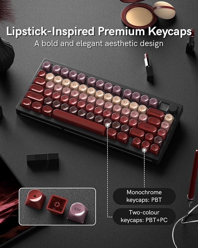 MT75 Lipstick Wireless Mechanical Keyboard, 75% Layout, Hot Swap Gasket Custom Structure, Creamy Pre-lubed Switches Gaming Keyboard with MOA Jelly Keycaps, RGB Backlit, BT5.0/2.4G/USB-C Mode