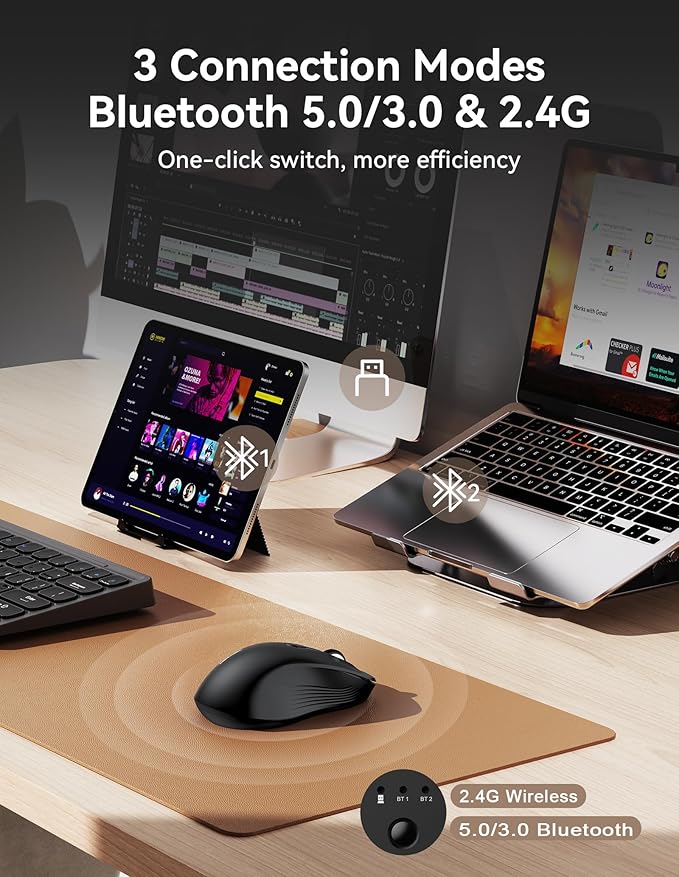 TECKNET Bluetooth Mouse, [ USB + BT1 + BT2 ] Wireless Mouse for Laptop, Silent Click, Ergonomic Design, 4800 DPI Computer Mice Wireless, Dual Mode for Laptop, Computer, iPad, MacBook