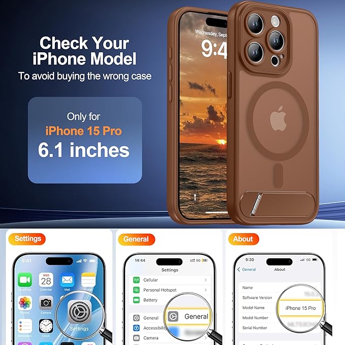 Magnetic Compatible with iPhone 15 Pro Case, [Built-in Kickstand][Full Camera Protection][Compatible with MagSafe][Anti-Fingerprint] Shockproof Phone Case for iPhone 15 Pro 6.1",Brown