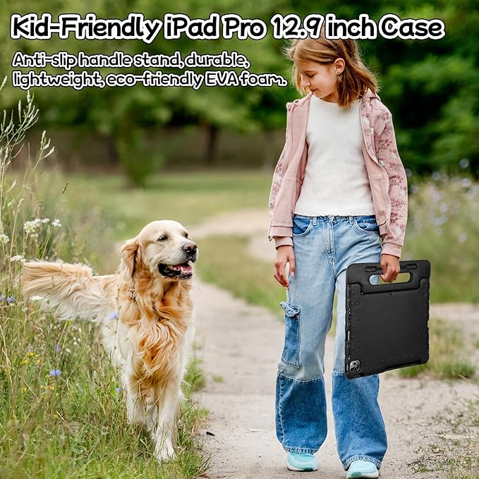 Case for iPad Pro 12.9 Case 2022/2021/2020/2018 with Pencil Holder & Hadle Stand, Super Protection Kids Proof Cover for iPad Pro 12.9 inch 3rd/4th/5th/6th Generation, Black