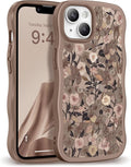 GVIEWIN Cute for iPhone 14 Case & iPhone 13 Case [Compatible with MagSafe] [Curly Wave Edge] Floral Translucent Magnetic Shockproof Protective Phone Cover for iPhone 14/13 6.1'', Apricot Blossom/Brown