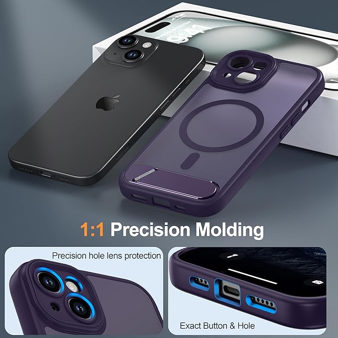 Magnetic Compatible with iPhone 15 Case, [Built-in Invisible Kickstand][Compatible with MagSafe][Full Camera Protection] Translucent Matte Phone Case for iPhone 15 6.1" Purple