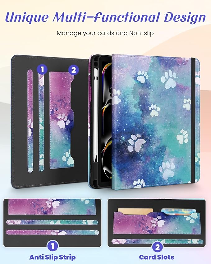 Kidcube for iPad Pro 11 Inch Case M4 2024 5th Generation - Women Girls Cute Rotating Stand Folio Cover with Pencil Holder & Card Slot Kawaii Cartoon Dogs for iPad Pro 11'' Case 2024 M4 5th Gen