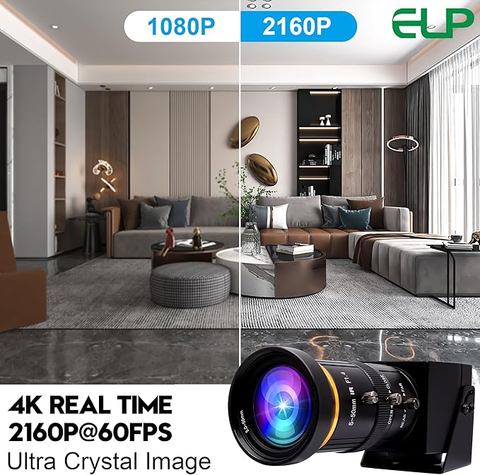 ELP 4K USB3.0 HDMI USB Camera Manual Zoom Webcam 4K 60fps PC Camera Mini Close-up Camera for Computer H.264 Telescope USB Security Camera 8mp Industrial CCTV Camera (5-50mm 10X Zoom Lens)