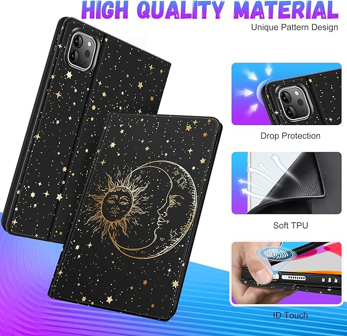 Uppuppy for iPad Pro 12.9 Case, Kids Folio PU Leather Cover with Apple Pencil Holder, Auto Sleep/Wake, Adjustable Angles, for iPad Pro 12.9 6th/5th/4th/3rd Gen, Sun Moon Black