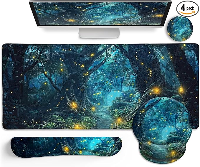 LIMKRIAN Ergonomic Mouse Pad Set Large Desk Matt for Desktop, Gaming Mouse Pad Wrist Rest Keyboard Mat Cup Coaster Set Cute Office Desk Decor Accessories for Women, Firefly Forest