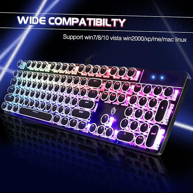 YSCP Typewriter Style Mechanical Gaming Keyboard RGB Backlit Wired with Blue Switch Retro Round Keycap 104 Keys Keyboard (R-Black)