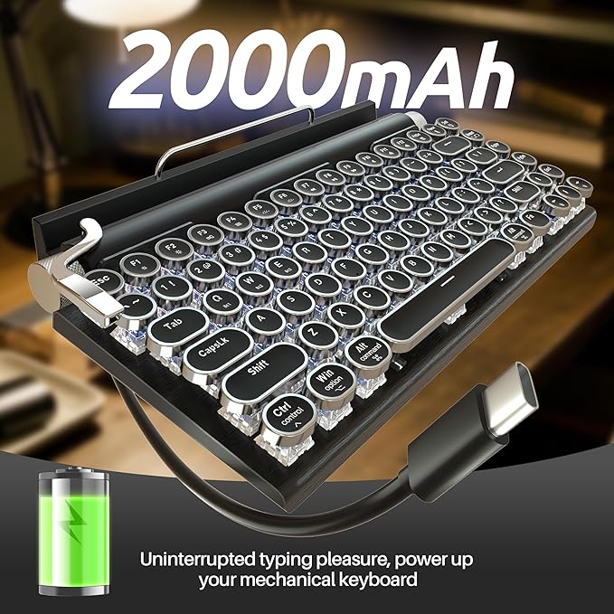 Taiahiro Retro Typewriter Mechanical Keyboard, Wireless Bluetooth 5.0 LED Backlit Office Computer Keyboards with 83-Key Clicky Blue Switches, Vintage Design for PC/Laptop/Mac/Pad/Phone/Gaming, Black