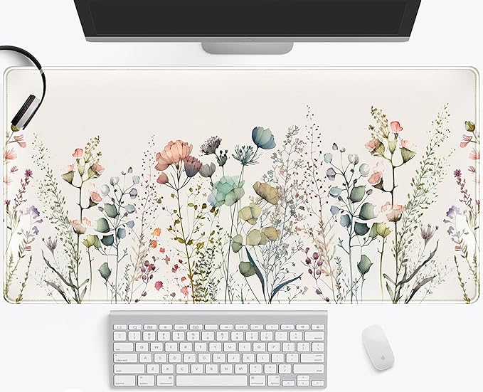 Floral Desk Mat Beige Boho Desk Pad, Large Extend Mouse Pad XXL, Cute Minimalist Flowers Keyboard Mat, Esthetics Desktop Mat Laptop Wireless Mouse Mat for Desk, Gift for Women 31.5"x15.75"