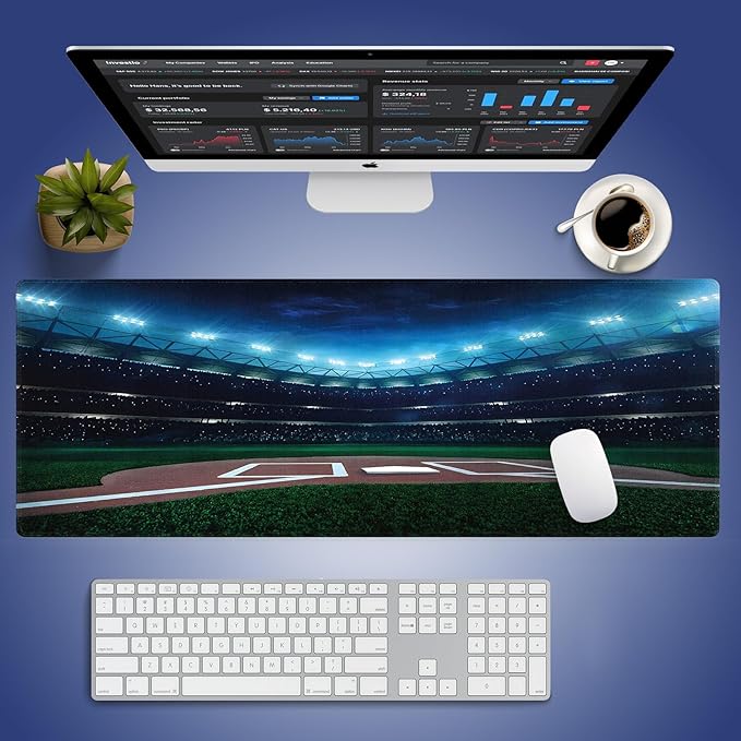 Extra Large Gaming & Office Mouse Pad (31.5" x 11.8") with Durable Stitched Edges – Professional Baseball Field at Night Vibrant Playground Stadium League Theme Print, Anti-Slip XXL Desk Mat