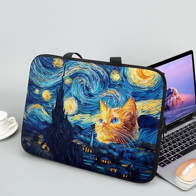 15 Inch Starry Night Cat Laptop Sleeve Tablet Protector Case with Handle, Men Women Zipper Computer Bag Carrying Case Notebook Cover Messenger Briefcase for Travel/Office/Work