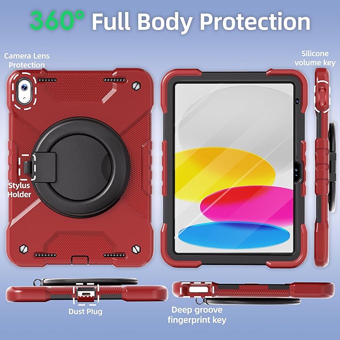Andnary Case for iPad (A16) 11th Generation 11 inch 2025/10th Generation 10.9 inch 2022, Shockproof Cover with Screen Protector/360° Rotate Handle/Bracket/Pen Holder/Shoulder Strap (Red+Black)