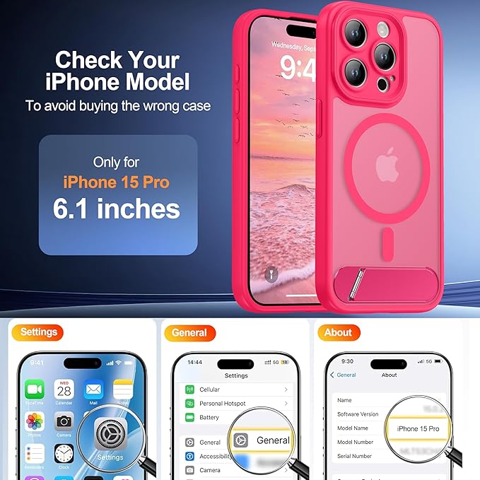 Magnetic Compatible with iPhone 15 Pro Case, [Built-in Kickstand][Full Camera Protection][Compatible with MagSafe][Anti-Fingerprint] Shockproof Phone Case for iPhone 15 Pro 6.1",Hot Pink