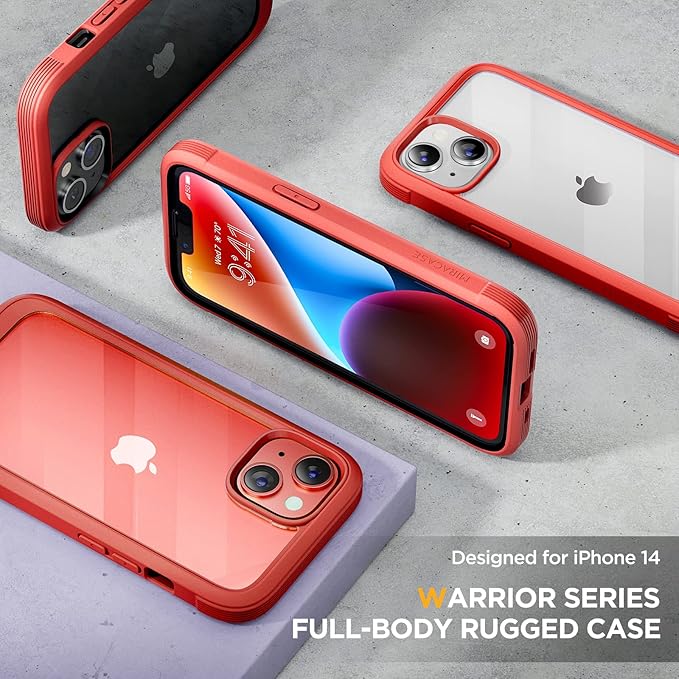 Miracase Glass Series Designed for iPhone 14 Case 6.1 inch, 2023 Upgrade Full-Body Clear Bumper Case with Built-in 9H Tempered Glass Screen Protector and Camera Lens Protector,Red