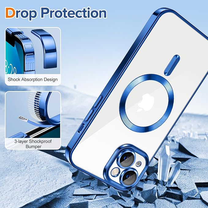 Hython Magnetic Clear for iPhone 13 Case with Camera Lens Protector [Compatible with MagSafe] Luxury Plating Edge Slim Soft TPU Cover Protective Phone Case for iPhone 13 6.1", Deep Blue
