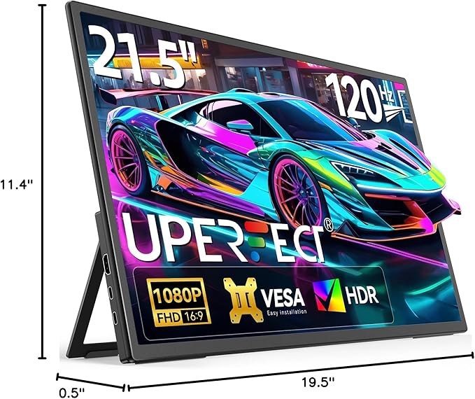 UPERFECT 21.5” 120HZ Portable Monitor w/Stand & VESA, Large Portable Gaming Monitor with HDMI Type C, External Dispaly for Laptops, Steamdeck, MacBook, Phones, Mini PC