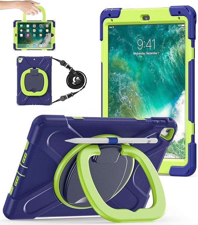 BATYUE Case for iPad 6th Generation 9.7 inch 2018, iPad 5th Gen 2017, iPad Air 2/ iPad Pro 9.7'',Shockproof Protective Cover with Pencil Holder &Rotating Bracket &Shoulder Strap (Navy Blue+Lime)