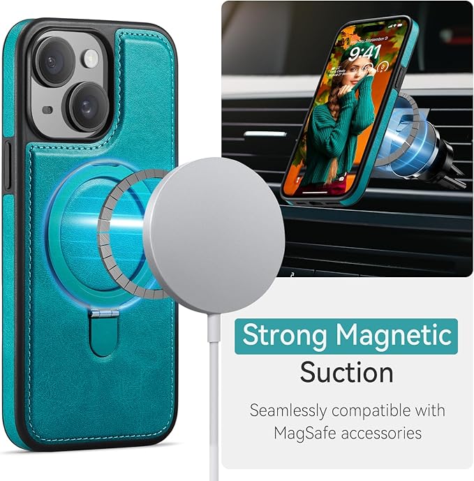 for iPhone 14 Plus Case with Stand Compatible with Magsafe Slim PU Leather & Durable TPU Drop Proof Magnetic Kickstand Protective Cover with Tempered Glass Screen Protector 6.7", Turquoise