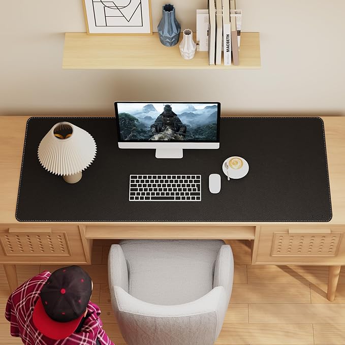 Chihein 59” x 24” Cork & PU Leather Desk Mat (Black) - Huge Mouse Pad, Double Sided Waterproof Desk Pad Protector for Gaming, Office, Home