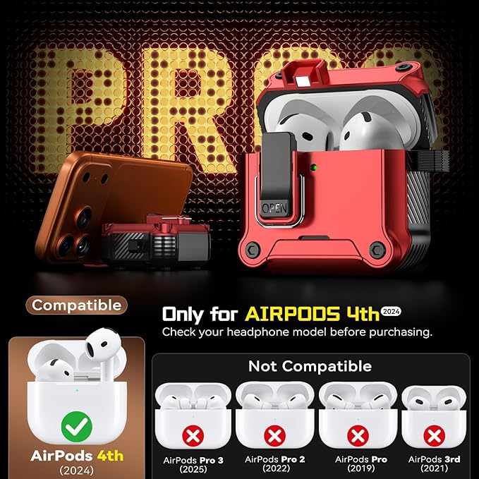 Inesore Compatible with AirPods 4 Generation Case,Secure Lock & Phone Stand Design,Compatible with MagSafe,Automatic Snap Switch Secure Cover for New AirPods 4th (2024)-Red