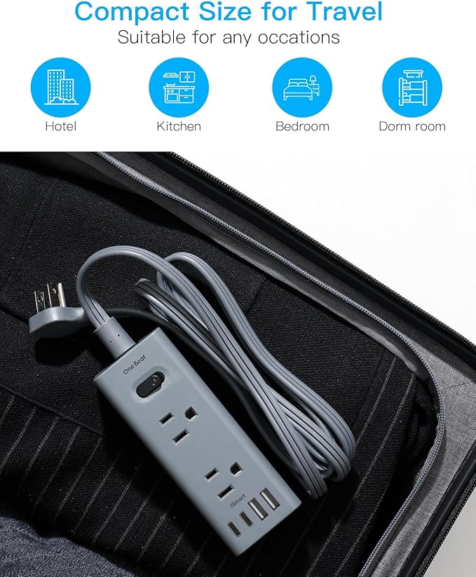 5Ft Extension Cord with Multiple Outlets, Flat Plug Power Strip Surge Protector with 5 Ft Long Cord, 6 Outlet 4 USB Ports (2 USB C), Multi Outlet Wall Plug for College, Dorm Room Essentials(Grey)