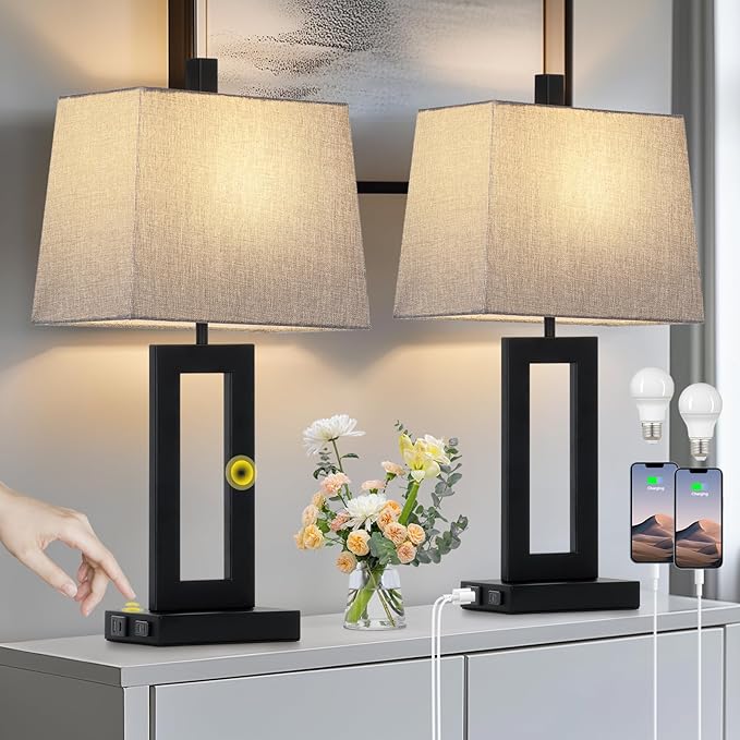 Cinkeda Touch Control Table Lamp Set of 2, Modern Black Bedside Lamps with USB C+A Ports & AC Outlet, 3 Way Dimmable Bedroom Lamps for Night Stands Bedroom Living Room,Nightstand Lamp