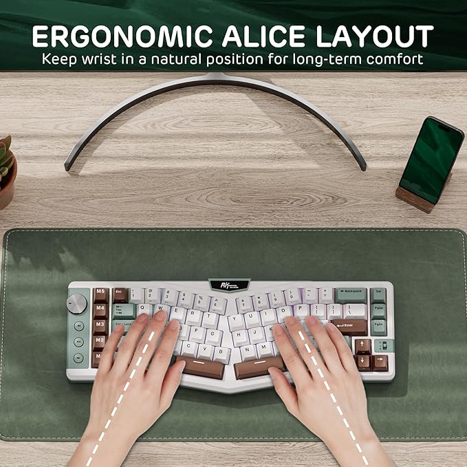 RK ROYAL KLUDGE A72 Alice Ergonomic Wireless Mechanical Keyboard w/Knob/Macro Keys/Touchable Nameplate, Tri-Mode 68% 72-Key Gasket Keyboard BT/2.4G/USB-C, Hot Swap, Win/Mac Software, 7500mAh Battery