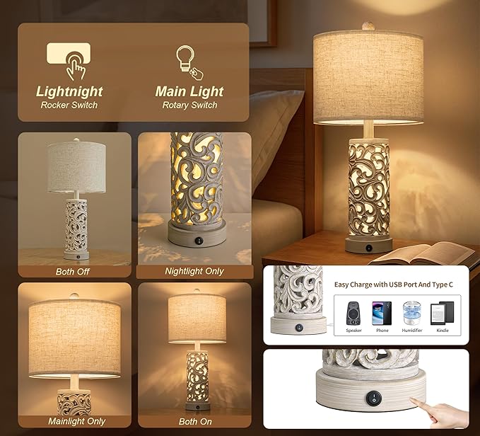 OYEARS 22'' Farmhouse Table Lamp for Living Room, Bedside Lamp with 2 USB Ports for Bedroom, Rustic Nightstand Lamp with Linen Lampshade for Office Hallway Home Decor, Distressed Grey (Bulb Included)