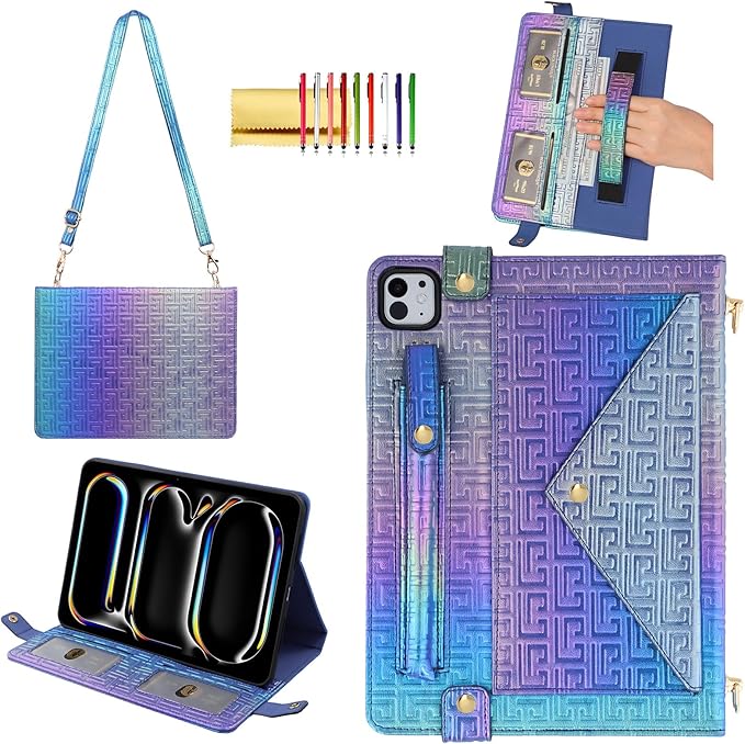 Shiny Case for iPad Pro 13-inch M4 M5 Handbag Case, Techcircle Iridescent PU Leather Folio Stand Envelope Wallet Cover with Hand/Shoulder Strap+Pencil Holder+Card Slots, Shiny Indigo