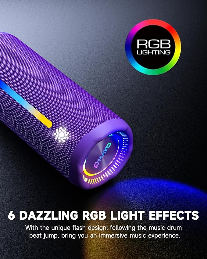 OHAYO Bluetooth Speaker, Portable Wireless, IPX7 Waterproof, Powerful 25W Sound, 24H Playtime, Dual Pairing, Active Bass, Colorful Lights, Bluetooth 5.3, Outdoor Speakers for Home/Party/Beach, Purple