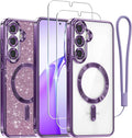 Meifigno Designed for Samsung Galaxy S25 Plus Case, [Compatible with MagSafe] [2X HD Screen Protectors] [Glitter Card & Wrist Strap] Surround Raised Lens Protection Case for S25 Plus 6.7", Purple