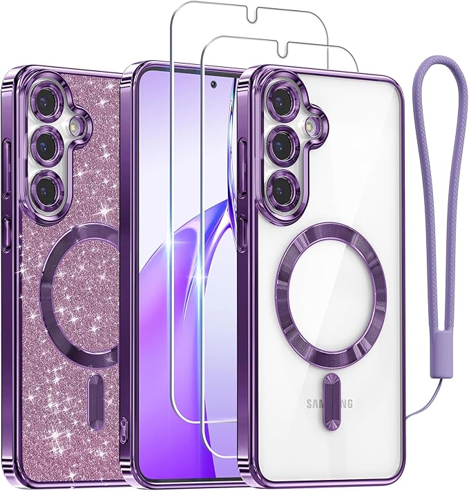 Meifigno Designed for Samsung Galaxy S25 Plus Case, [Compatible with MagSafe] [2X HD Screen Protectors] [Glitter Card & Wrist Strap] Surround Raised Lens Protection Case for S25 Plus 6.7", Purple