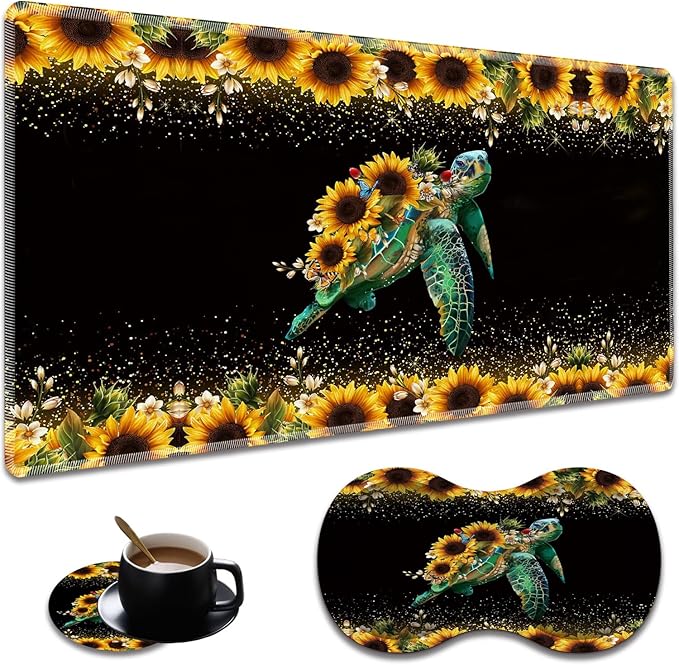 Extended Non-Slip Mouse Pad + Mouse Wrist Rest + Lace-Shaped Coaster Set, Ergonomic Design, Suitable for Desk and Home Gaming Table Mat, Starry Night and Turtle Sunflowers