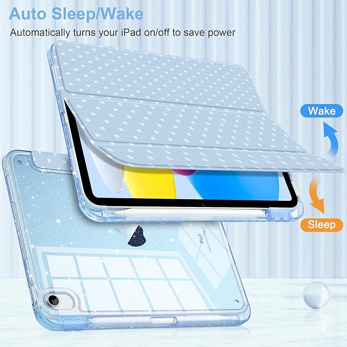 DONGKE for iPad Pro 11 inch Case – Fits M5 2025 / M4 2024, Shockproof Sparkling Glitter Acrylic Back, Pencil Holder, Trifold Stand, Auto Sleep/Wake & Touch ID Support - Blue Polka Dot