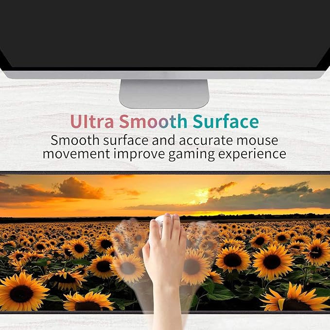 Desk Pad Mat Gaming Mouse Pads with Coasters Set, Stitched Edges Design Mouse Pad XXL Large Mouse Pad for Laptop Computers Sunflower Field Desk Writing Mat for Office & Home 31.5x 11.8