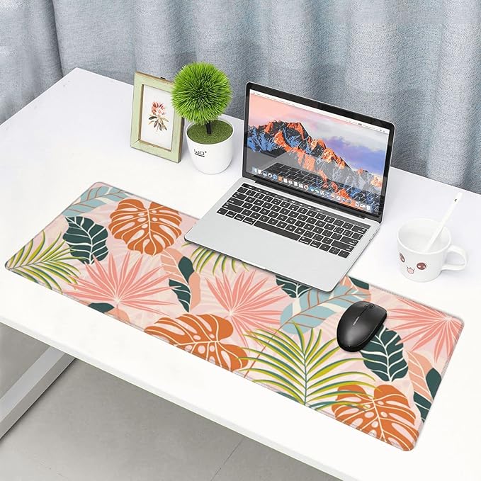 Large Gaming Mousepad, Cute Tropical Leaves with Boho Style XL Mouse Pads for Desk, Big Long Non-Slip Base Floral Extended Desk Pad for Keyboard and Mouse Gifts for Women Office Decor, 31.5*11.8 Inch