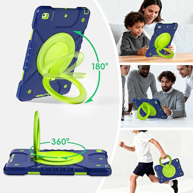 Andnary Case for iPad 9th/8th/7th Generation 10.2 inch, Shockproof Cover with Screen Protector/360° Rotating Handle/Bracket/Pen Holder/Shoulder Strap, Kids Case for iPad 2021/2020/2019 (Navy+Green)