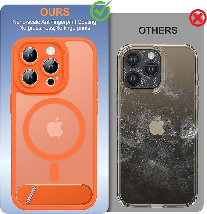 Magnetic Compatible with iPhone 15 Pro Case, [Built-in Kickstand][Full Camera Protection][Compatible with MagSafe][Anti-Fingerprint] Shockproof Phone Case for iPhone 15 Pro 6.1",Orange