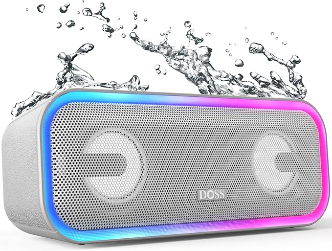 DOSS SoundBox Pro+ Bluetooth Speaker, Immersive 24W Stereo Sound with Booming Bass, IPX6 Waterproof, 15H Playtime, Mixed Colors Lights, Wireless for Backyard, Hiking, Garage, Party-Grey
