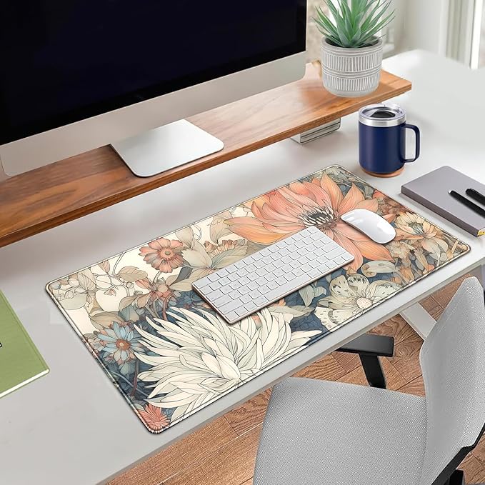 Japanese Floral Desk Mat Boho Aesthetic Flower Desk Matt for Desktop Large XXL Gaming Mouse Pad Extended Deskpad Laptop Keyboard Computer Mat Office Decor for Women 31.5 X 15.7