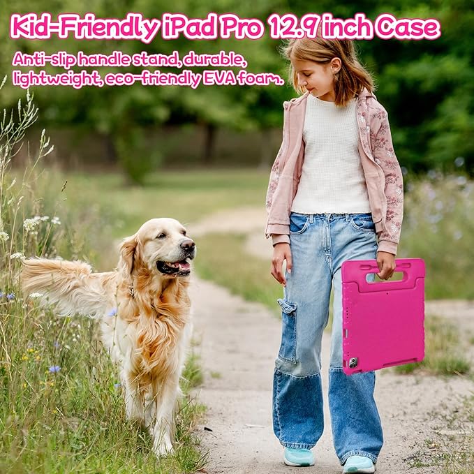 New Kids Case for iPad Pro 12.9 Case Super Protection iPad Pro 12.9 inch 6th 5th 4th 3th Cover with Pencil Holder and Handle Stand for iPad Pro 12.9 2022 2021 2020 2018 Rose Red
