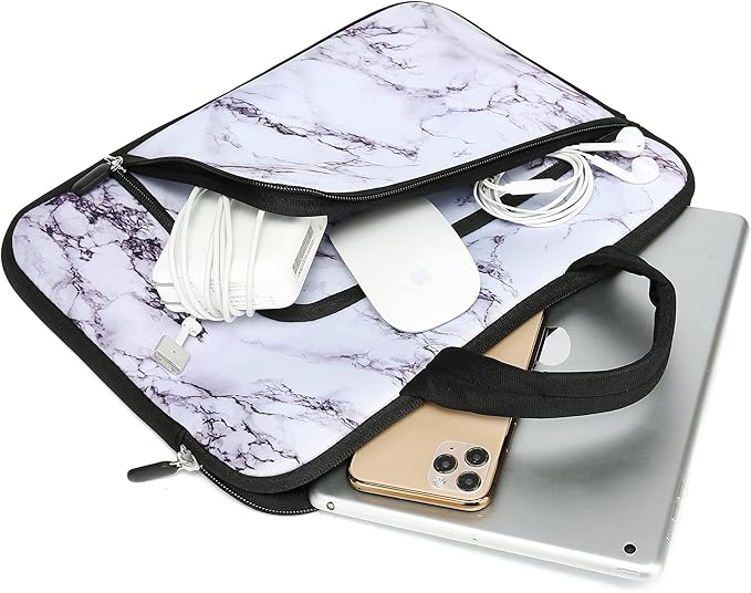11 11.6 12 12.1 12.5 inches Laptop Sleeve Chromebook Case Ultrabook Case Notebook Sleeve PC Messenger Bag Tablet Case Neoprene Handle Sleeve for Women Men, Two Pockets(White Marble)