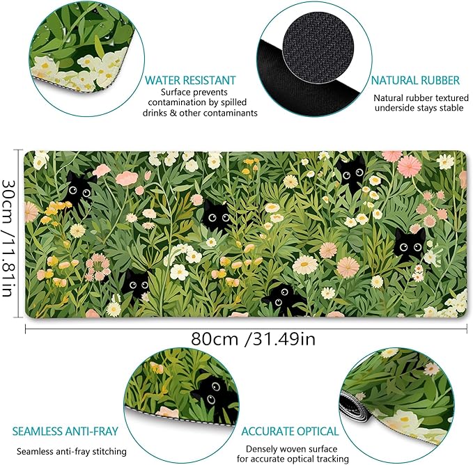 LIMKRIAN Anime Cat Mouse Pad Green Desk Mat, XL Gaming Mouse Pad with Stitched Edges Non-Slip, Large Keyboard Mat for Desktop Computer Laptop Work Home Cute Office Desk Accessories 31.5x11.8 in