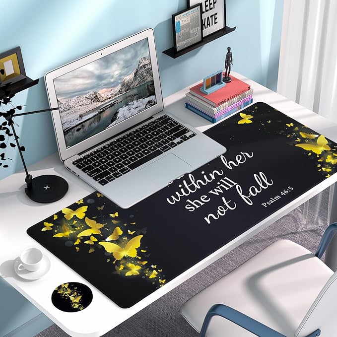 Large Gaming Mouse Pad with Coaster, Desk Matt for Desktop, Desk Pad, Mouse Pads Mat, Stitched Edges Big Extended Mousepad for Computer Keyboard Laptop Office Decor, 31.5'' x15.6''-Gold Butterfly
