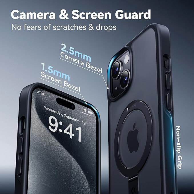 CASEKOO for iPhone 15 Case with Magnetic Invisible Stand [Military Drop Protection] [Compatible with MagSafe] Shockproof Slim Translucent Matte Case 6.1 Inch, Black, for Man/Woman