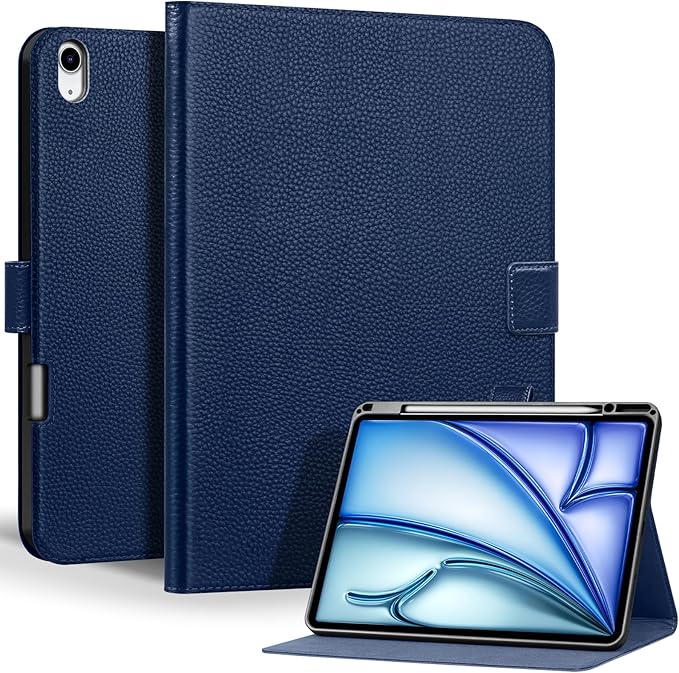 Genuine Leather Case for iPad Air 13 inch M4 2026/M3 2025/M2 2024, with Pencil Holder and Adjustable Stand, Magnetic Closure, Auto Wake/Sleep Cover | Blue
